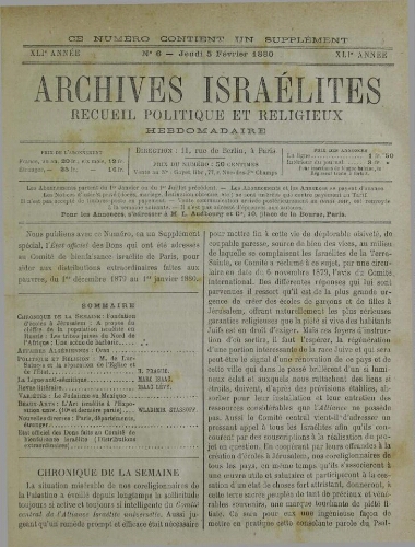 Archives israélites de France. Vol.41 N°06 (05 févr. 1880)